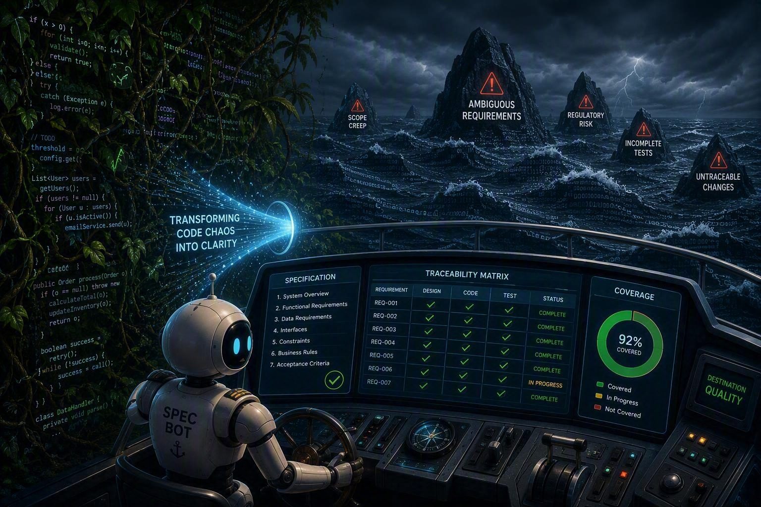 A robot at the helm of a ship, steering out of a jungle of raw code towards a specification and traceability dashboard