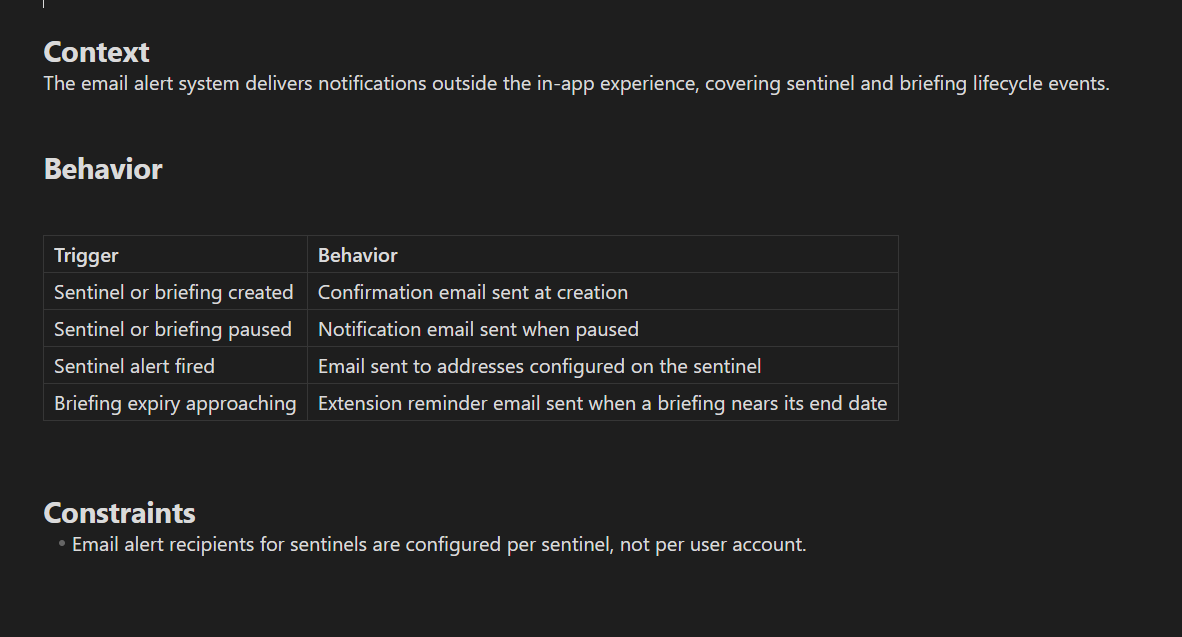 A rendered spec with three sections: Context, describing the email alert system; Behavior, a table pairing four triggers with the email each sends; and Constraints, noting that recipients are configured per sentinel rather than per user account.